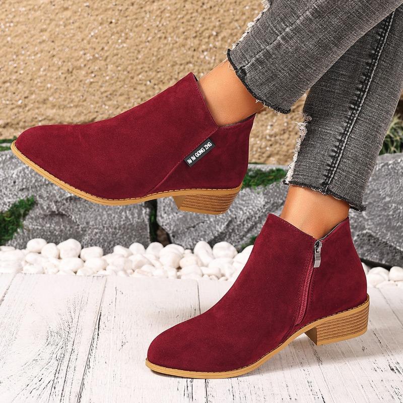 Women's Boots Autumn and Winter New Fashion Suede and Bare Boots Side Zipper Square Heel Short Boots