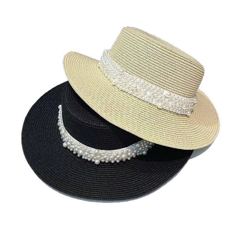 Summer Casual Vacation Sun Hat Elegant French Pearl Versatile Flat Top Straw Hat Beach Top Hat Children's Tide