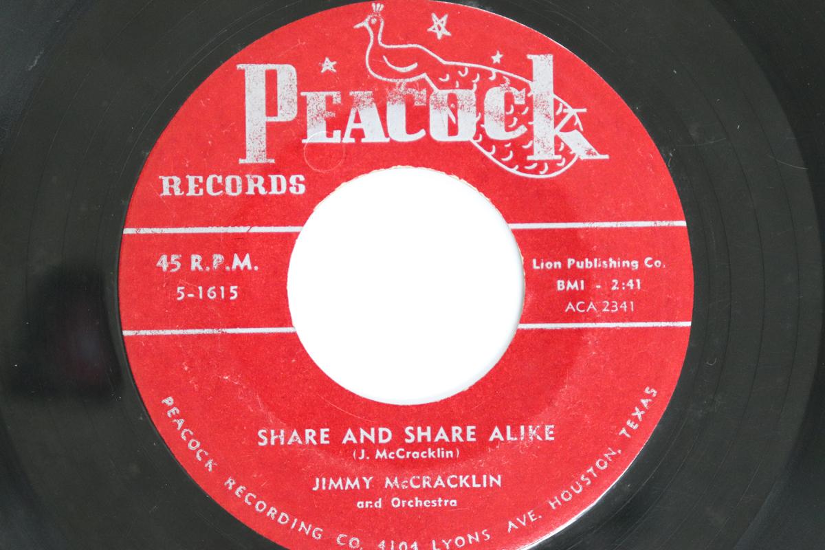 

7-дюймовая пластинка JIMMY MCCRACKLIN - Share And Share Alike / She Felt To 51615 PEACOCK RECORDS 1953 US Блюз Б/У