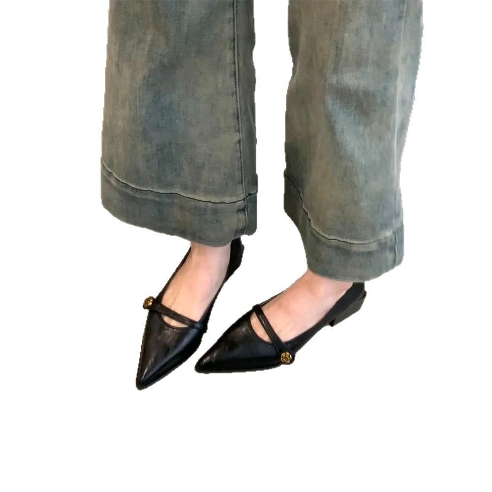 Spring retro light mouth high heels camellia one-button thick heel single shoes pointed temperament Mary Jane shoes