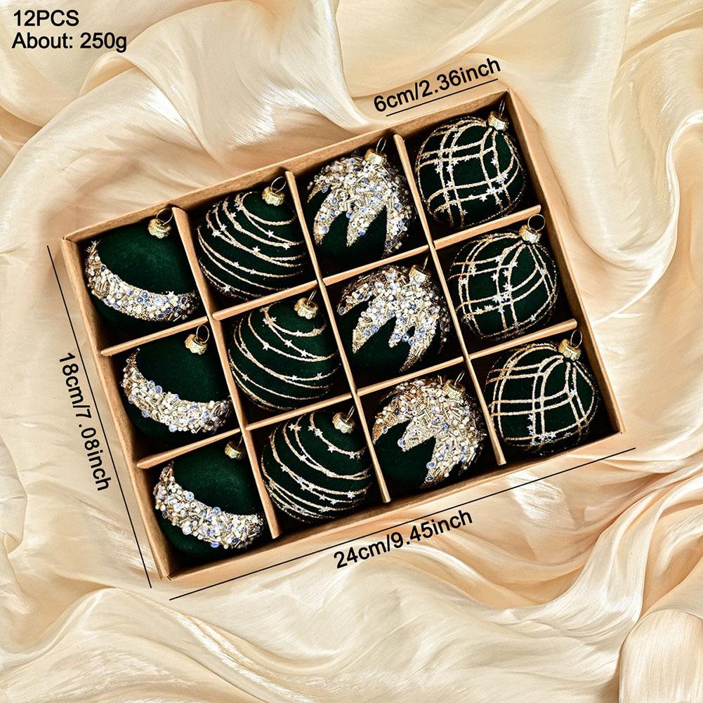 Atemberaubende Feiertagszusätze Wunderschön gefertigtes 6 cm Beflockungs-Samt-Diamant-Pailletten-Weihnachtskugel-Set mit 12 Stück
