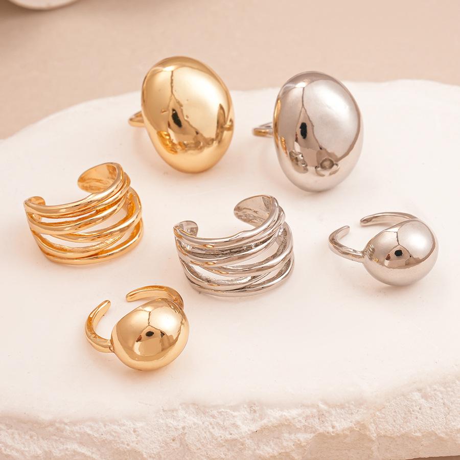 Three-piece set of metallic geometric oval beanie open ring niche jewelry