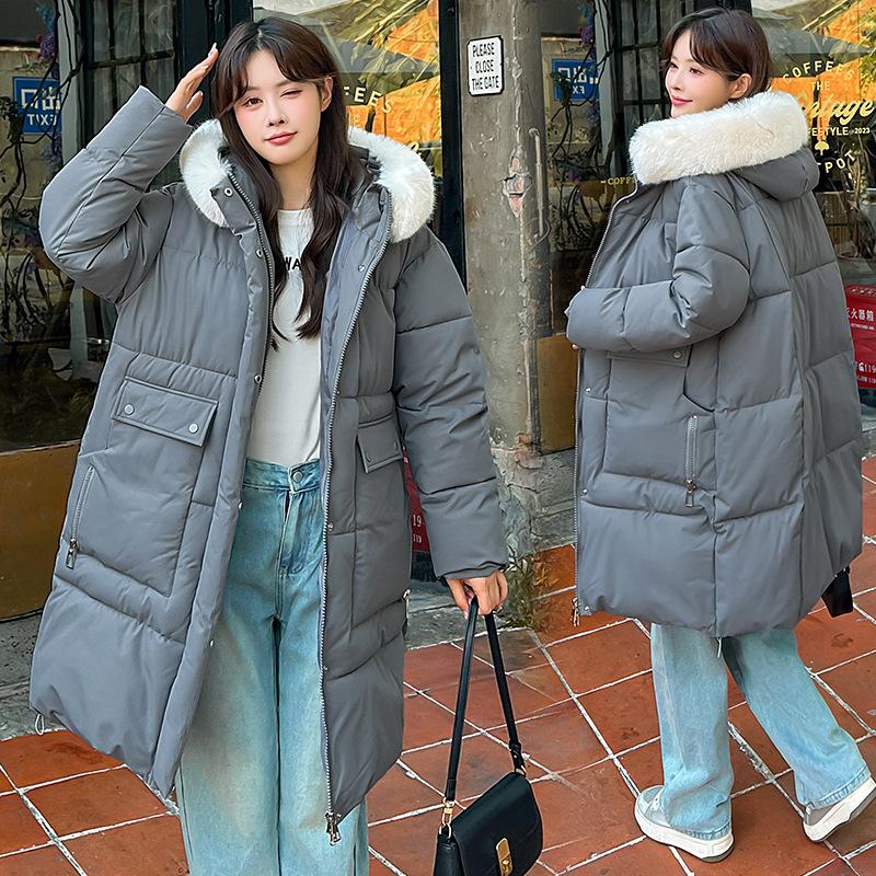 Large wool collar down cotton jacket for women 2025 new Korean winter thick cotton jacket loose medium and long knee-length cotton-padded jacket