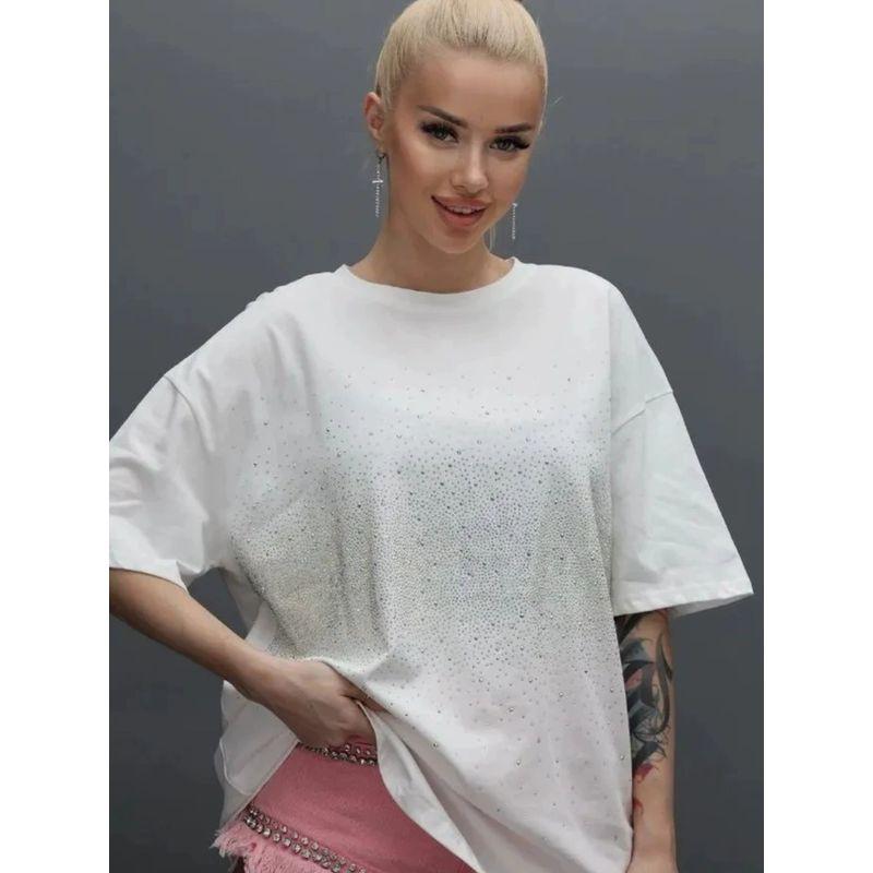 Fashion New Arrival Rhinestone Hot Fixed Short Sleeve T-shirt Versatile Loose Top Loose Diamond Studded T-shirt