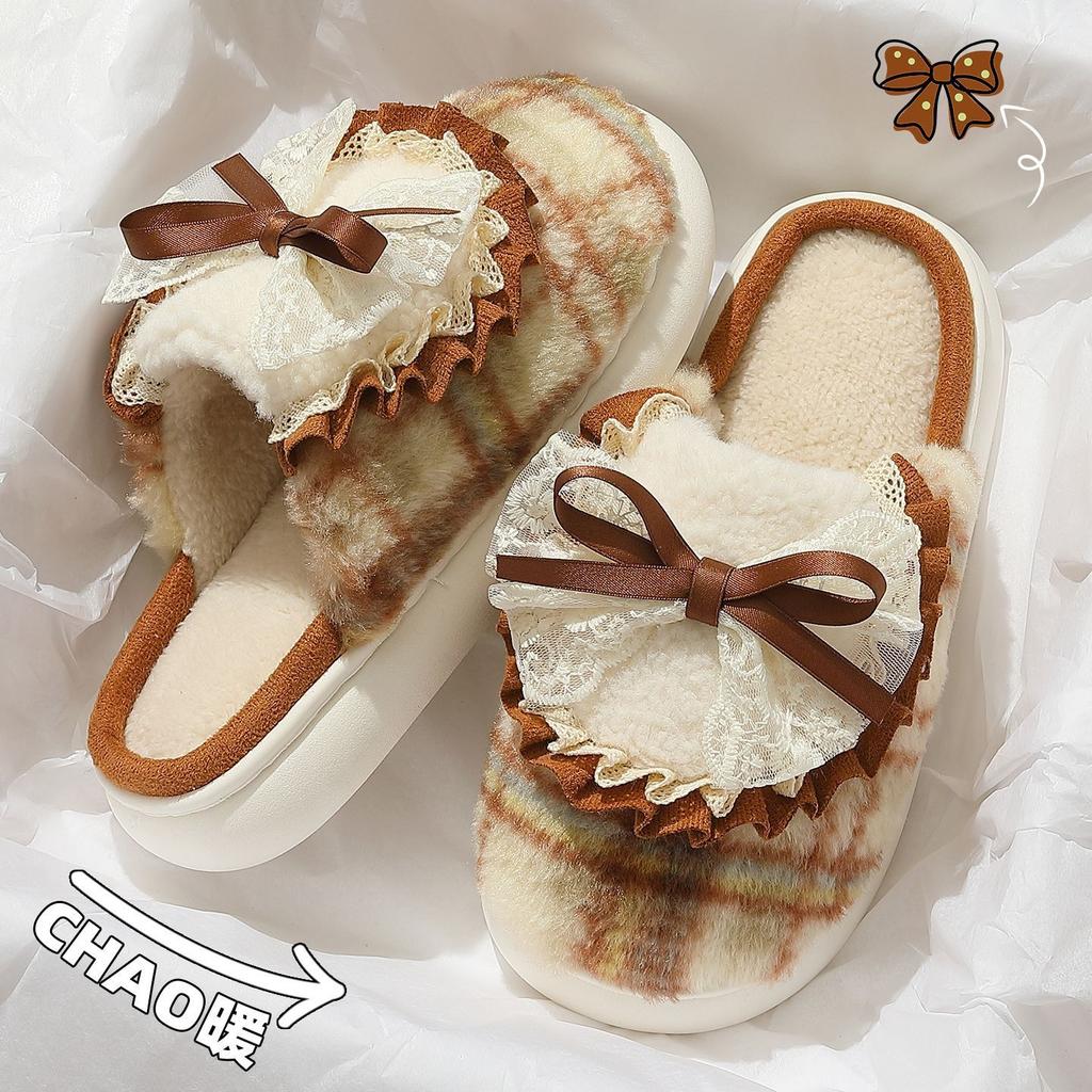 Bow cotton slippers autumn and winter new indoor home non-slip thick-bottomed bag head confinement slippers