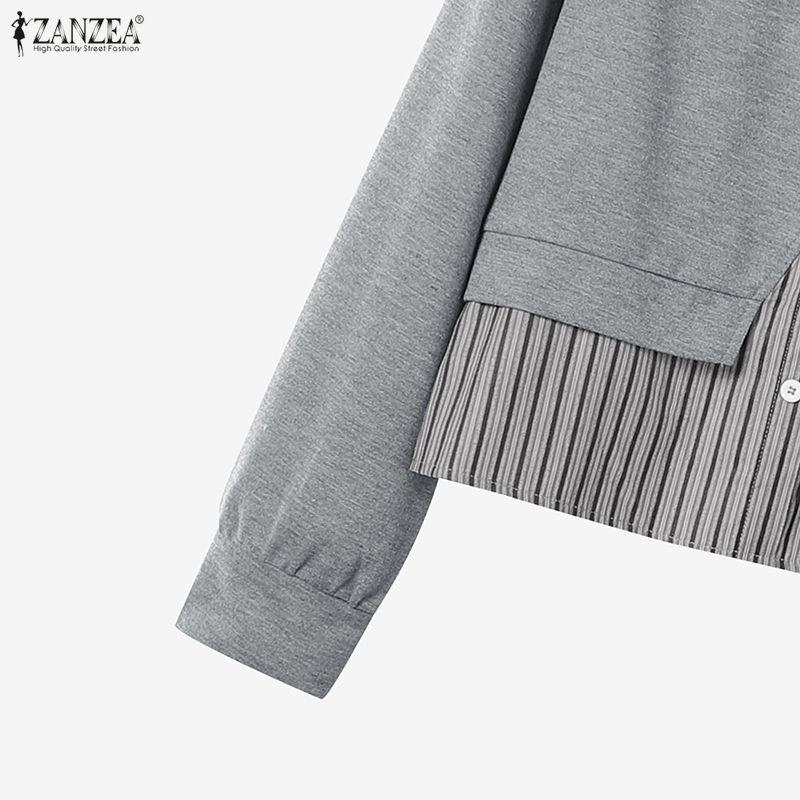 ZANZEA Women Long Sleeve Stripe Splice Blouse and Pants Casual Two Piece Suit Sets