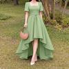 Women Elegant Square Collar Asymmetrical Hem Short Sleeve Dress