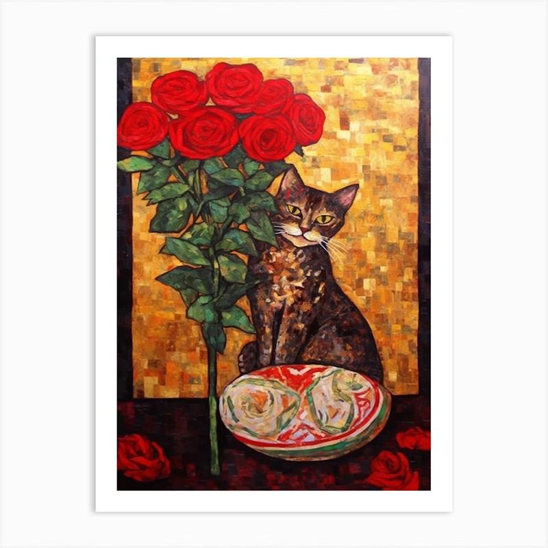 Vintage Bouquet Flower Lotus Lilies With A Cat Art Nouveau Klimt Style Art Print Poster Canvas Painting Wall Picture Room Decor