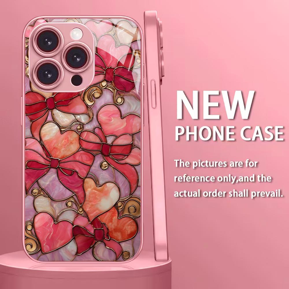 Aesthetic Pink Bow and Heart mobile phones Glass phone case for iphone 17 pro max cover for iPhone 17 16 15 14 13 12 pm Pro Plus