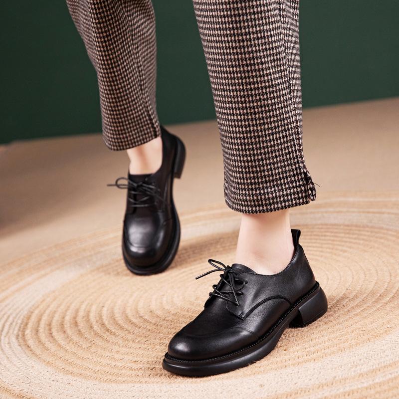 First Layer Cowhide Loafers Women's Spring and Autumn New Models One-pedal British Style Lace-up Work Small Leather Shoes Women's Shoes