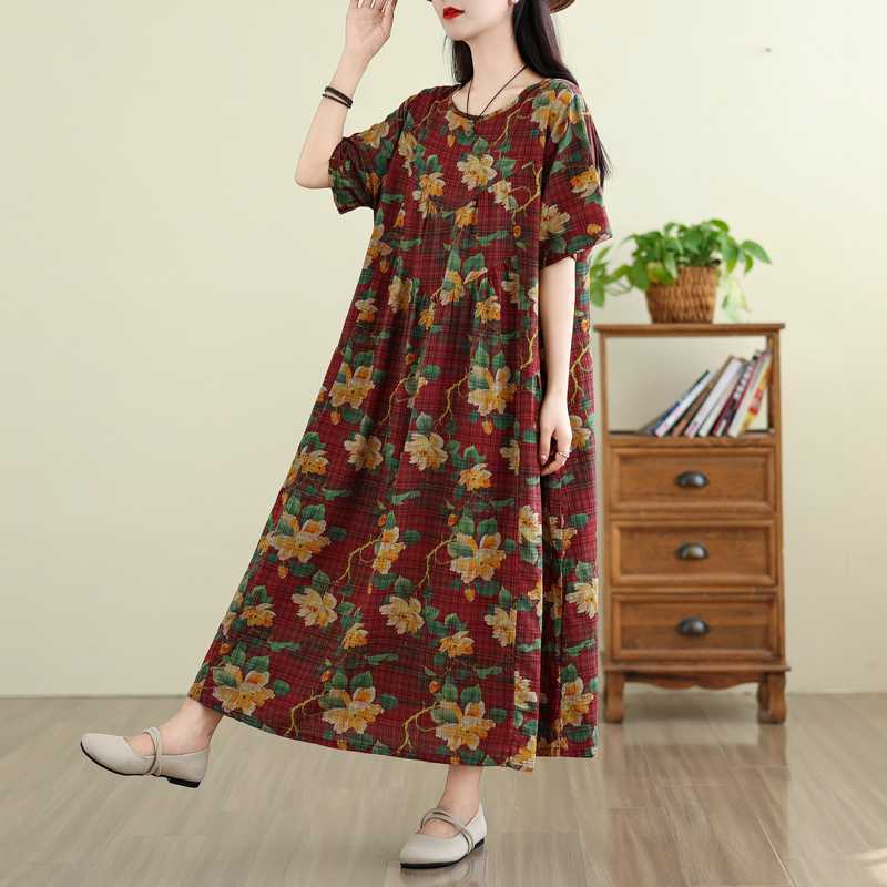 Summer Retro Cotton and Linen Round Neck Short Sleeved Dress, Women's Loose Skirt
