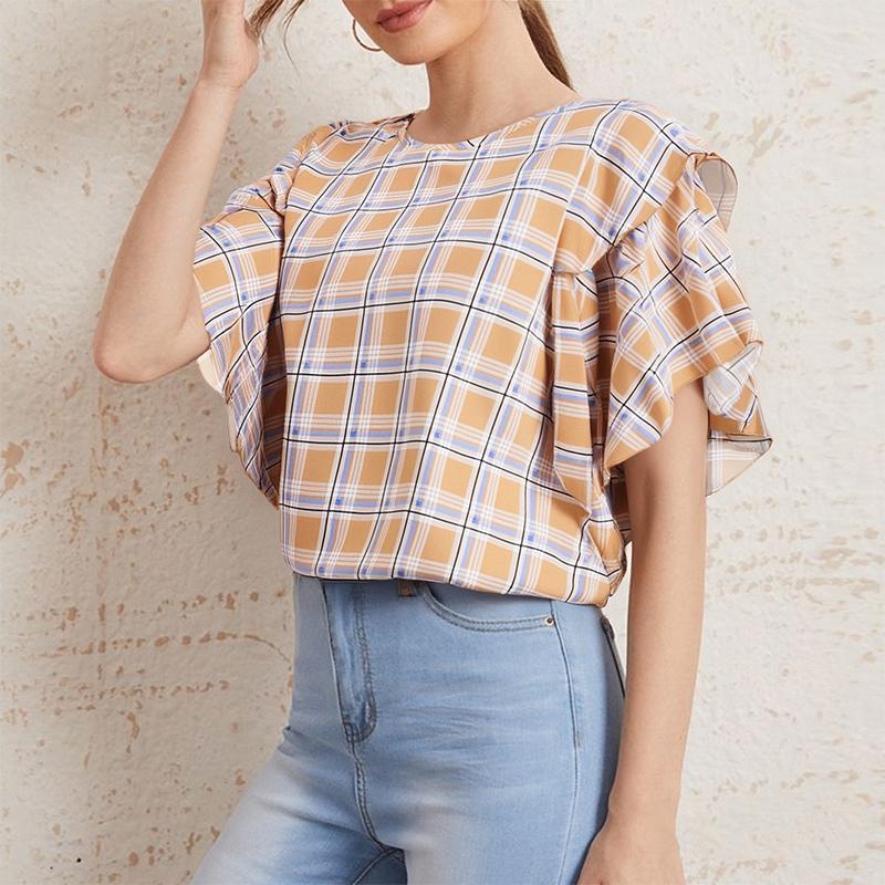 

ZANZEA Женская летняя блузка с оборками на рукавах, свободного кроя, с повседневным принтом в клетку S жёлтый