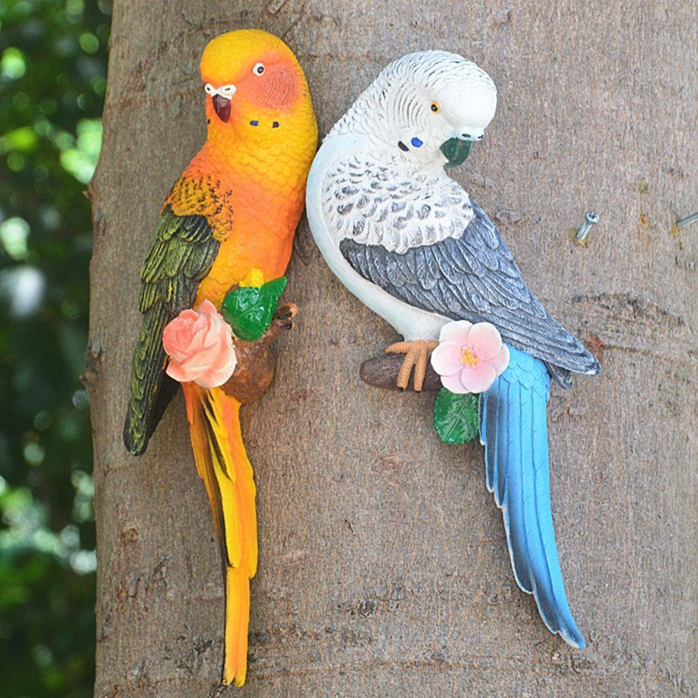 Simulated Animal Sculpture Wall Mounted Bird Figurines Budgerigar Parrot Statue  Flowerpot