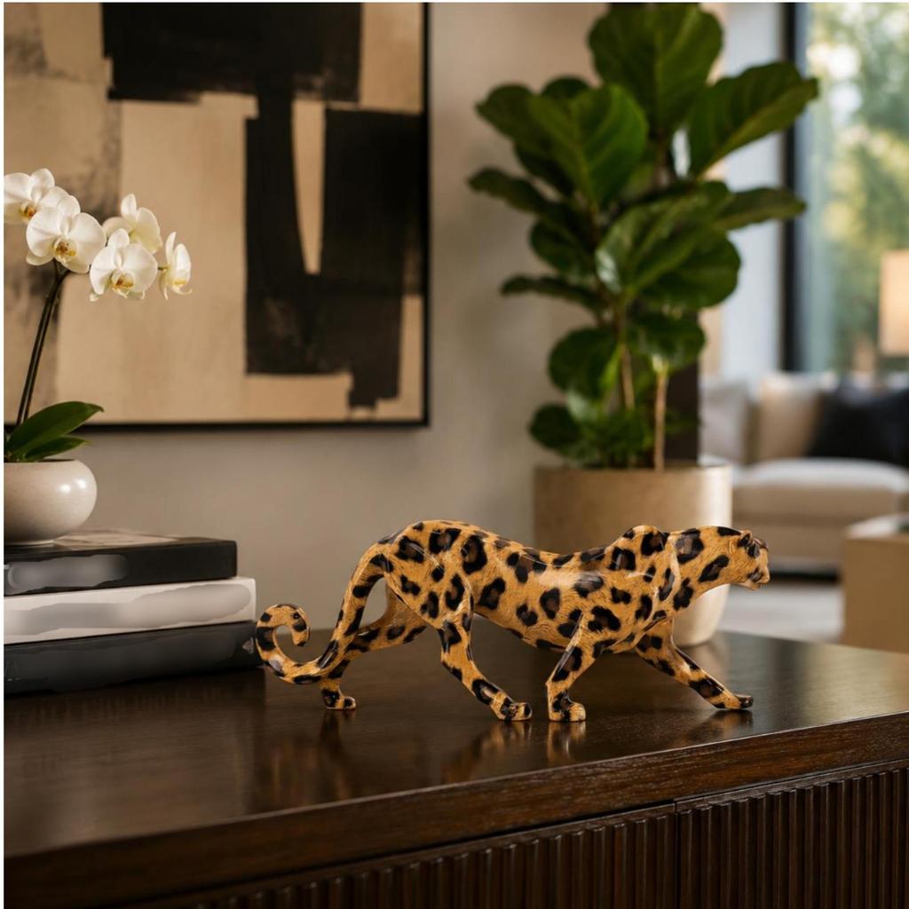 Decorative Leopard Figurine Handmanually Colored Feline Statue Textured Finish Animal