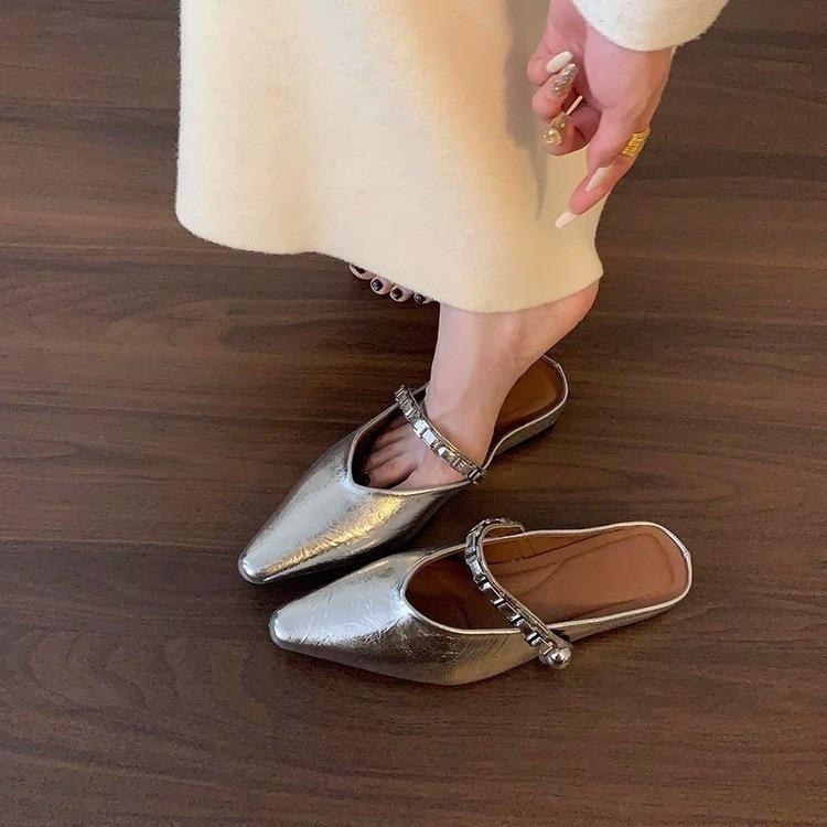 Inner heightening shoes Mary Jane half slippers silver single shoes spring and summer one-pedal women's shoes bag head cool slippers