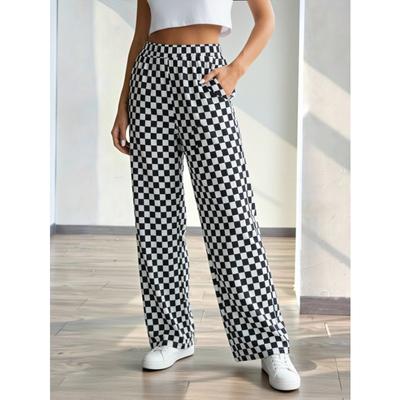 Women's Black White Checkerboard Print Wide Leg Pants Elastic Waist Casual Trousers with Side Pockets for Comfortable Wear