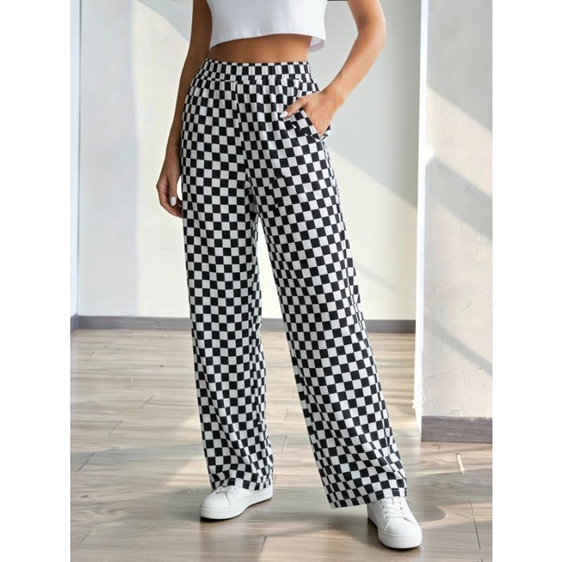 Women's Black White Checkerboard Print Wide Leg Pants Elastic Waist Casual Trousers with Side Pockets for Comfortable Wear