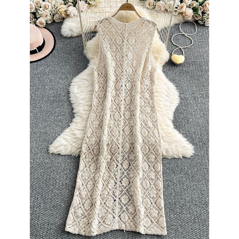 French Style Hollow-out Crochet Knit Vest Dress Women Seaside Holiday Style Cover Up Stacked Sleeveless Split Long Skirt