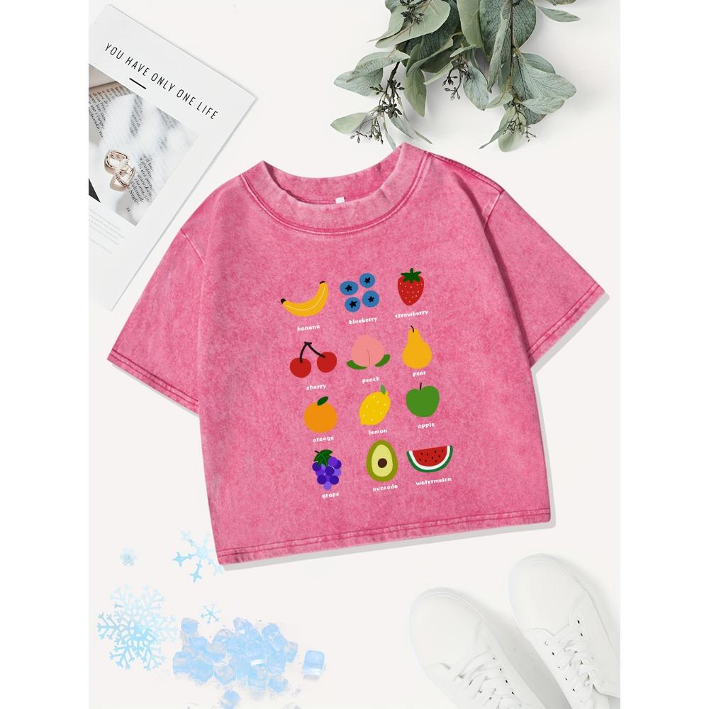 Summer Cotton Crop Tops Womens Fresh Fruits Lemon Cherry Printing Washed T-Shirts O-Neck Regular Fit Tees Street Clothes