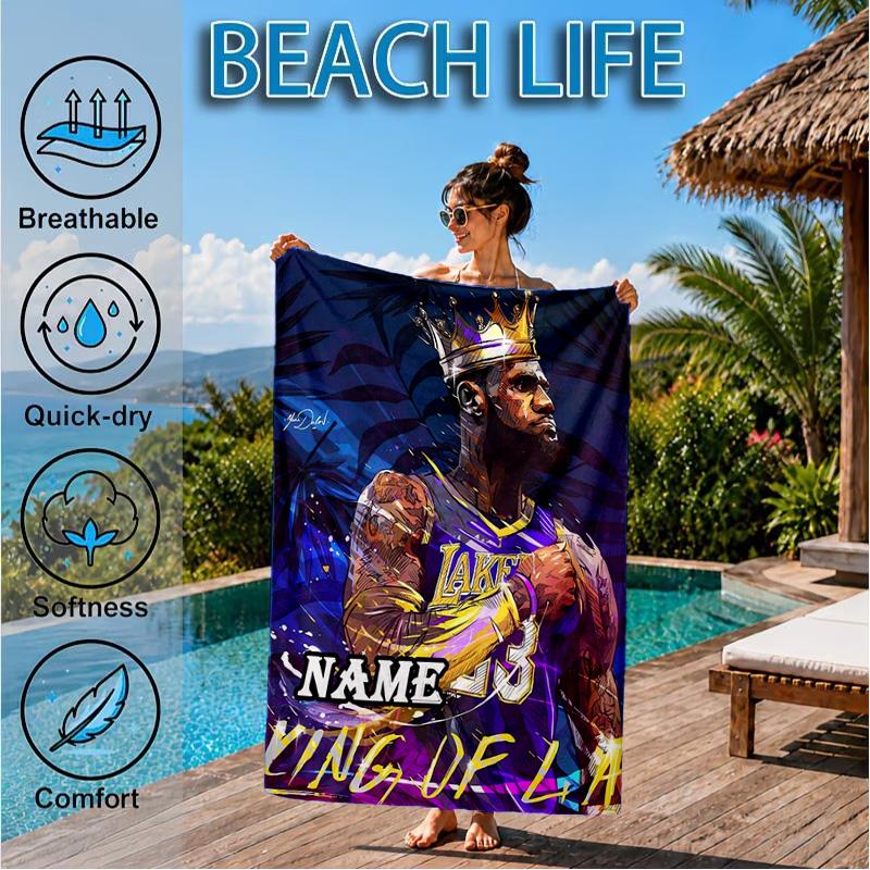 Custom Name James Legacy Sports Beach Towel Microfiber Beach Towel, Lightweight and Quick-Dry, for Summer Travel, Swimming Pool Gift