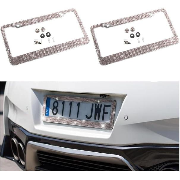 Bling Car License Plate Frame, Handcrafted Crystal Stainless Steel License Plate Frame, Sparkly, Durable, Universal Fit, Car Accessories For Girls,