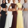 Womens Off Shoulder Crop Top and High Waist Draped Long Skirt Set Multiple Colors