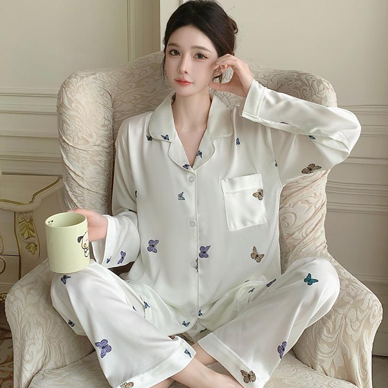 Summer High-End Green Fashion Lapel Pajamas Women'S Long-Sleeved Trousers Plant Flower Loungewear Set