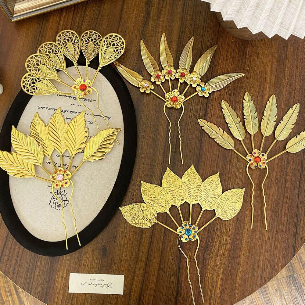 Flower Thai Hair Sticks Rhinestone U-shaped Hairpin Exquisite Thai Metal Leaves Hairpin  Wedding