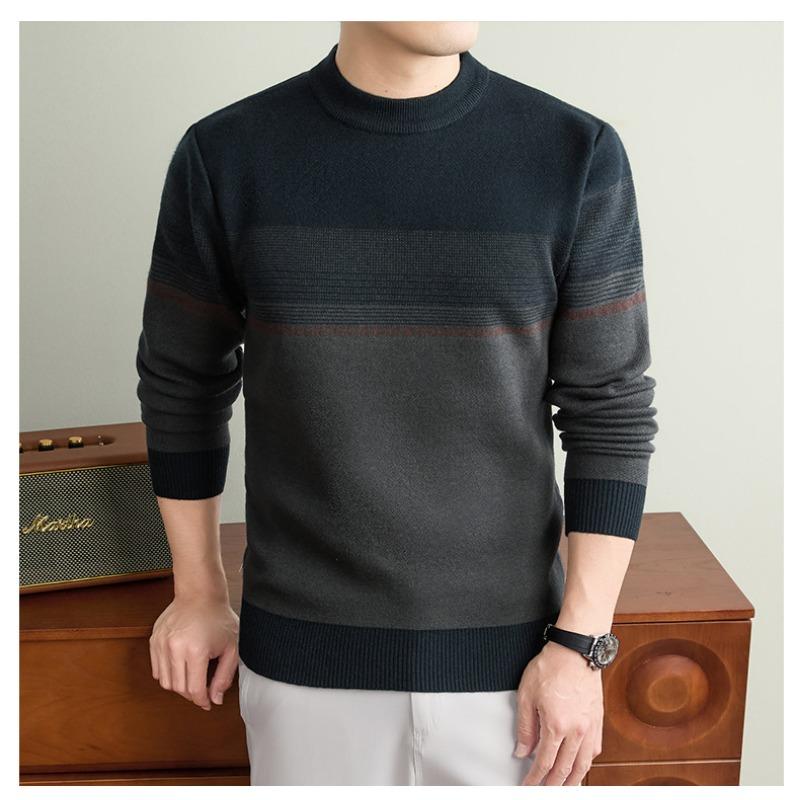 Men S Thick Striped Round Neck Long Sleeve Knitted Pullover Sweater Business Casual