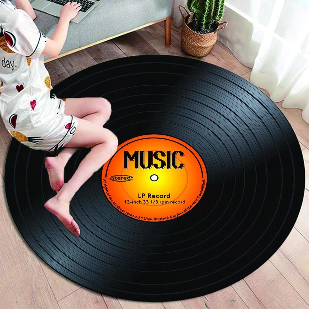 Runder Teppich mit klassischer Musik-Schallplatte, Teppiche für die Dekoration von Wohnzimmerstühlen, weiche, rutschfeste Bodenmatte zum Spielen für Kinder