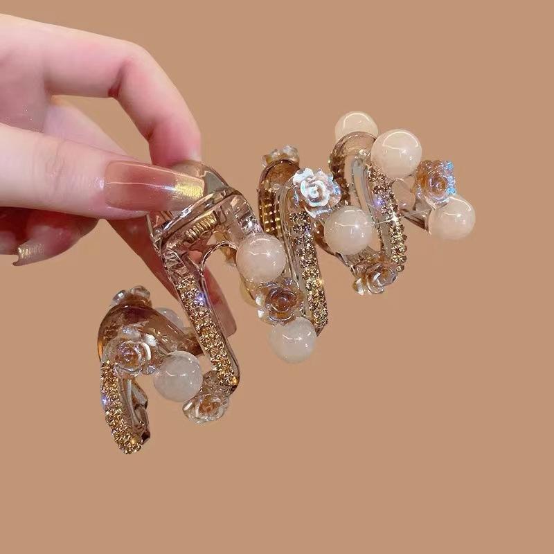 Acrylic Camellia Flower Rhinestone Hair Clip Women's Premium Feeling Light Luxury Pearl Shark Clip Girl Hair Accessories