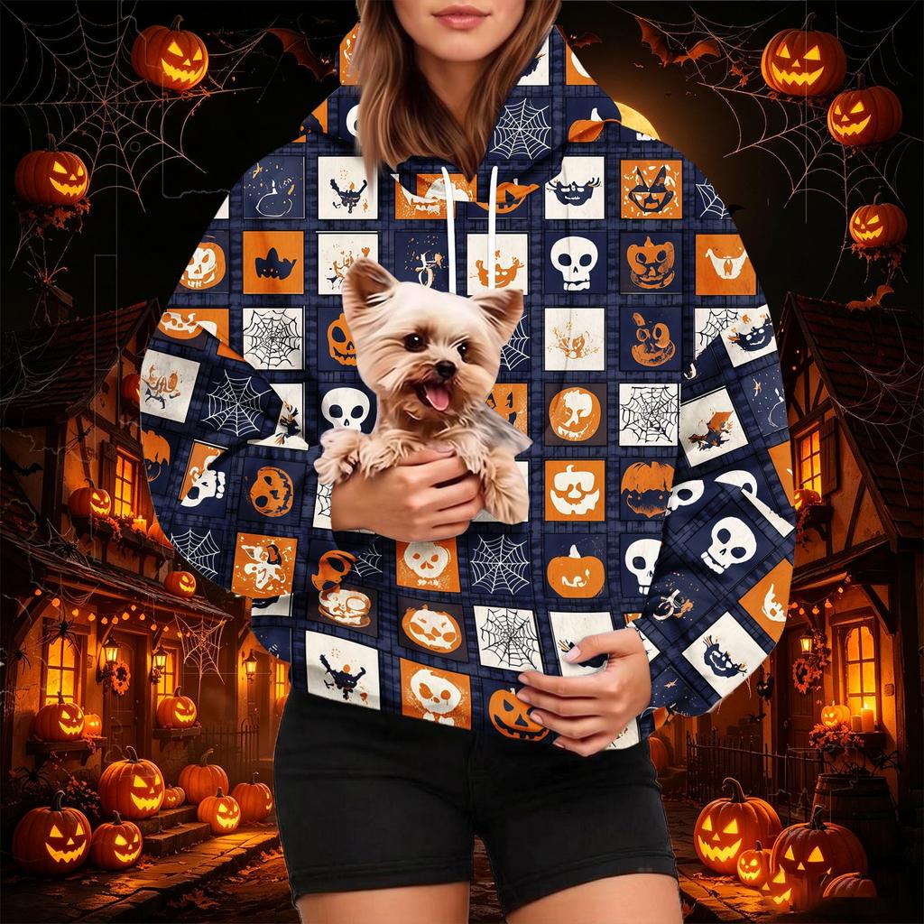 Women's Fashion Halloween Print Hoodie with Pet Pocket, Casual Pullover Sweatshirt
