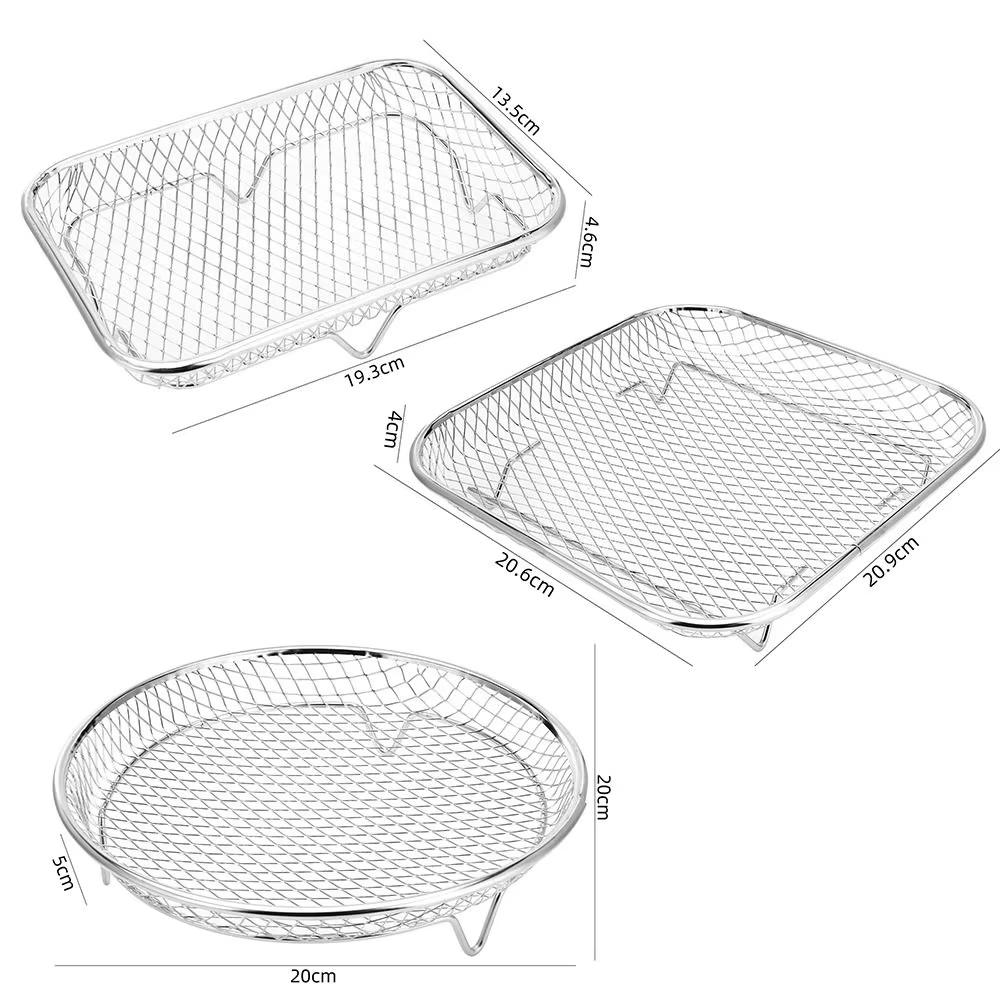 1/3Layer Stainless Steel Air Fryer Accessories Stackable BBQ Non-Stick Airfryer Tray Wire Rack Basket Kitchen Gadgets