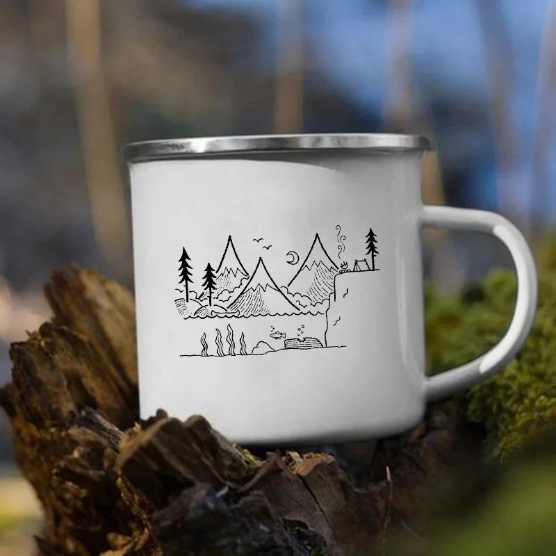 Stampa 'Le Montagne Aspettano' Tazza Smaltata Creativa Campeggio Caffè Tè Acqua Latte Tazze Manico Bicchiere Vacanza Escursionismo Regalo