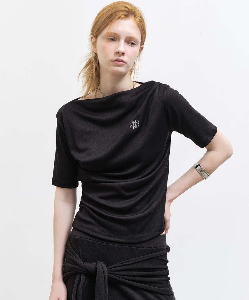 Nigaennikol Half Shirring Drape Boat Neck Top_Black