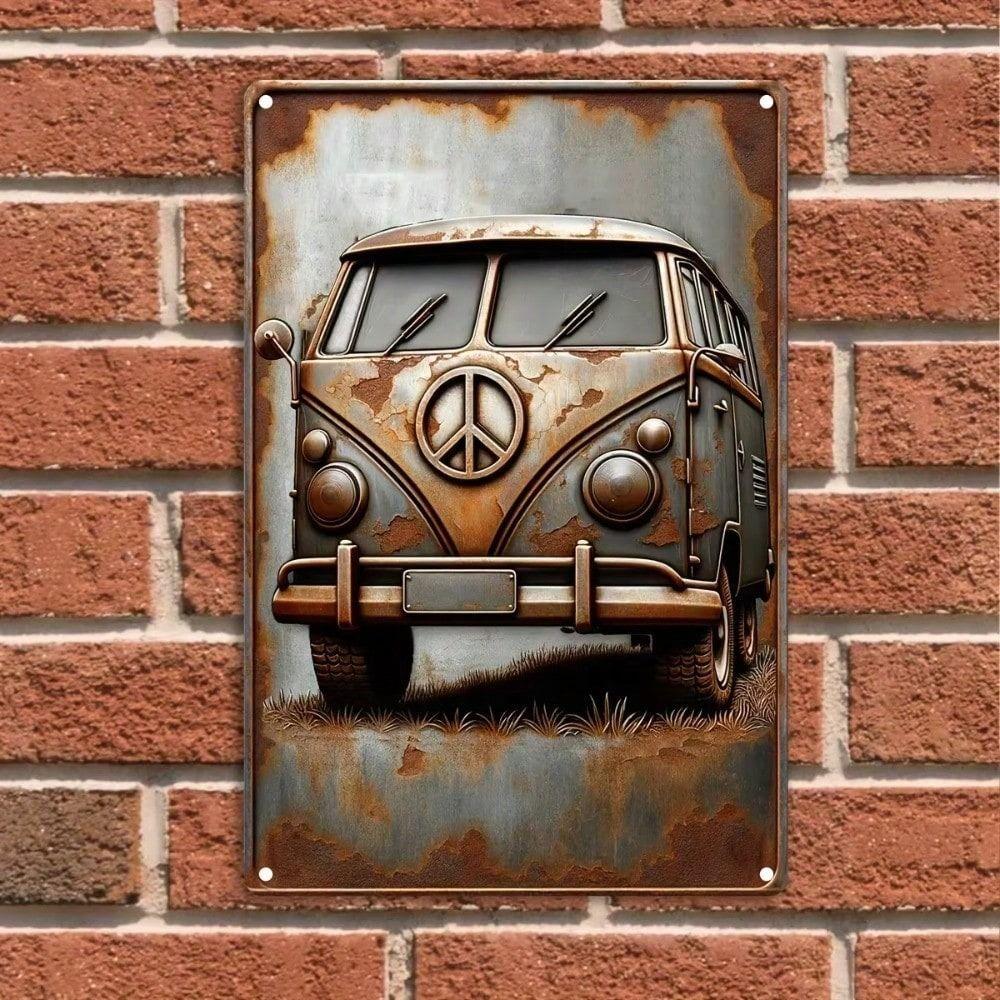 Letrero Metálico de Furgoneta Camper Vintage Decoración de Pared Símbolo de la Paz Póster de Aluminio