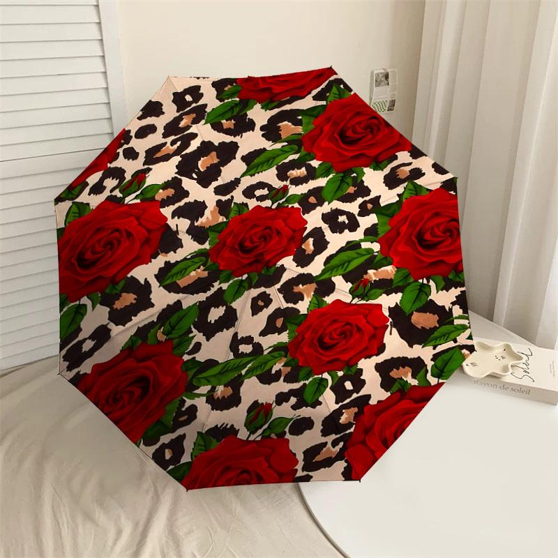 

1PC Rose Leopard Print Umbrella-9-Rib Reinforced, Automatic Open, Lightweight & Durable, Cute Fashion Accessory for Outdoor-P0723