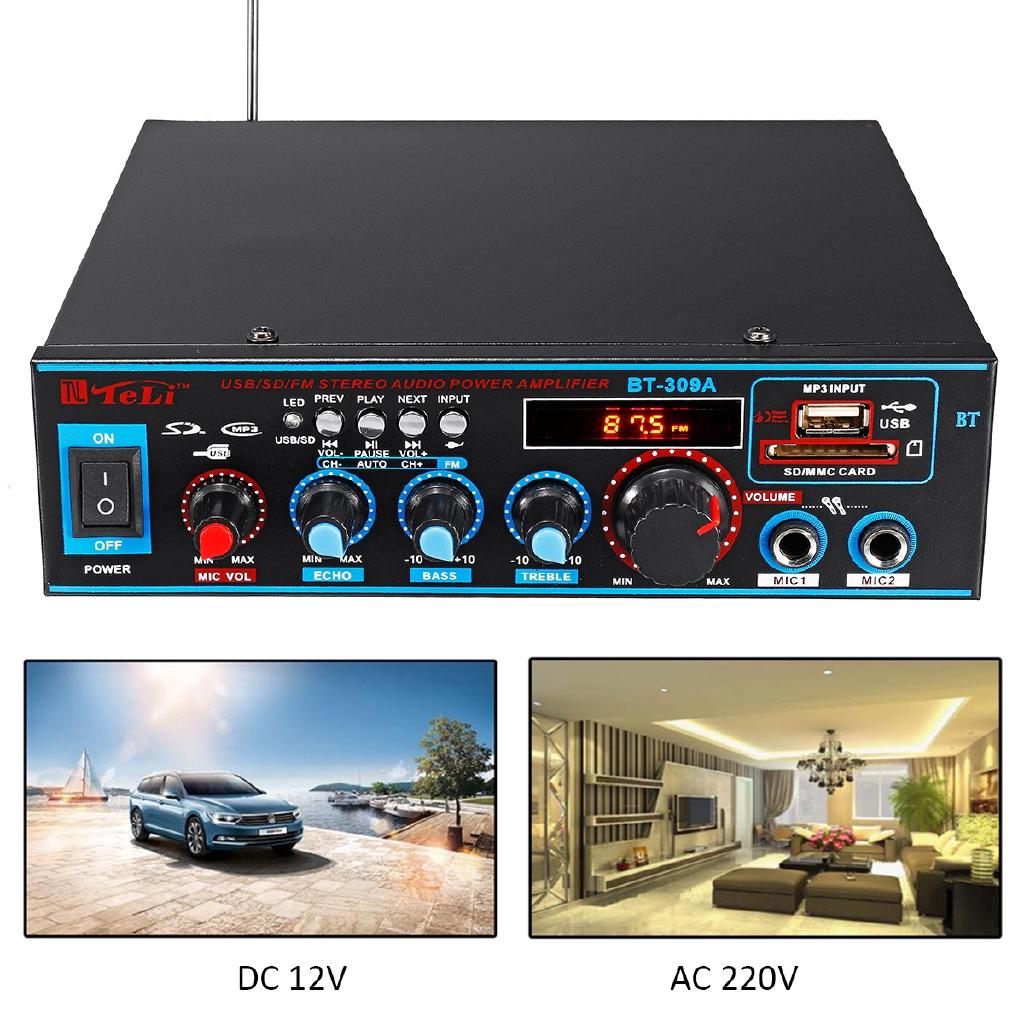 12V/AC 220V HIFI audio stereo zesilovač bluetooth FM rádio auto domácí karaoke audio zesilovač