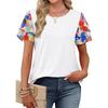 Womens Summer Fashionable Round Neck Printed Double-layer Short Sleeved Casual Pullover T-shirt Top