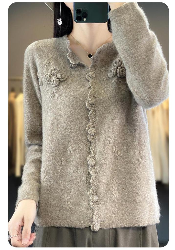 Women's 100% Pure Wool Embroidered Cardigan - Soft, Loose, Solid Color Knit Sweater for Autumn and Winter.