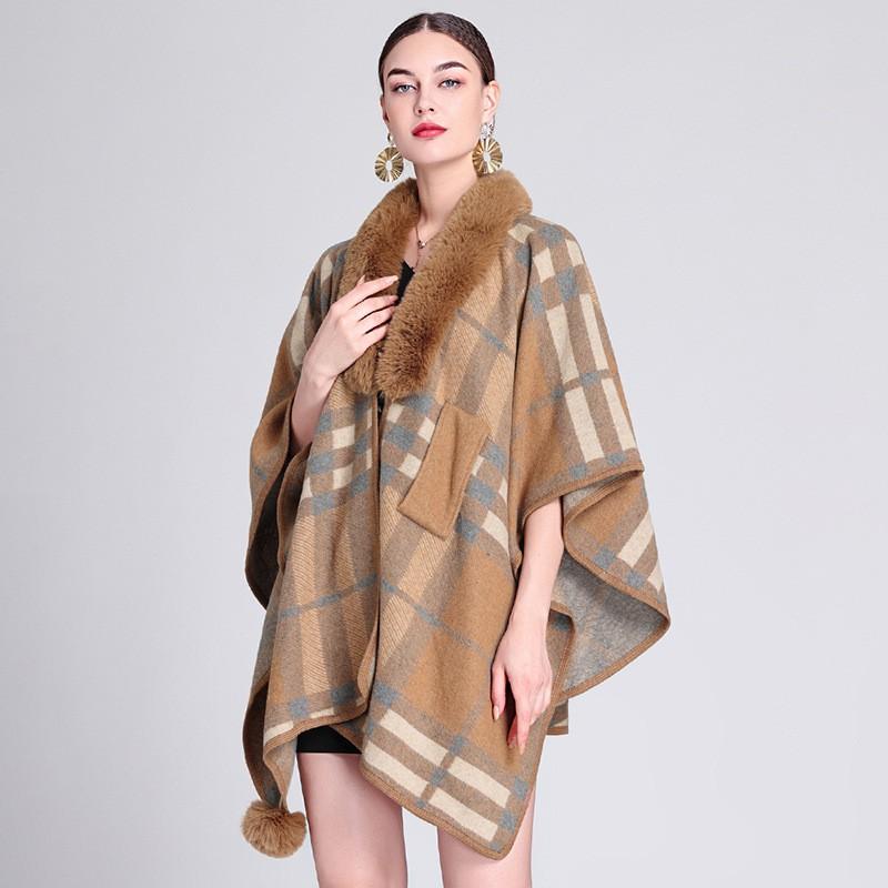 920 Womens Faux Rabbit Fur Collar Knit Cape Cardigan Loose Fit Plaid Winter Coat