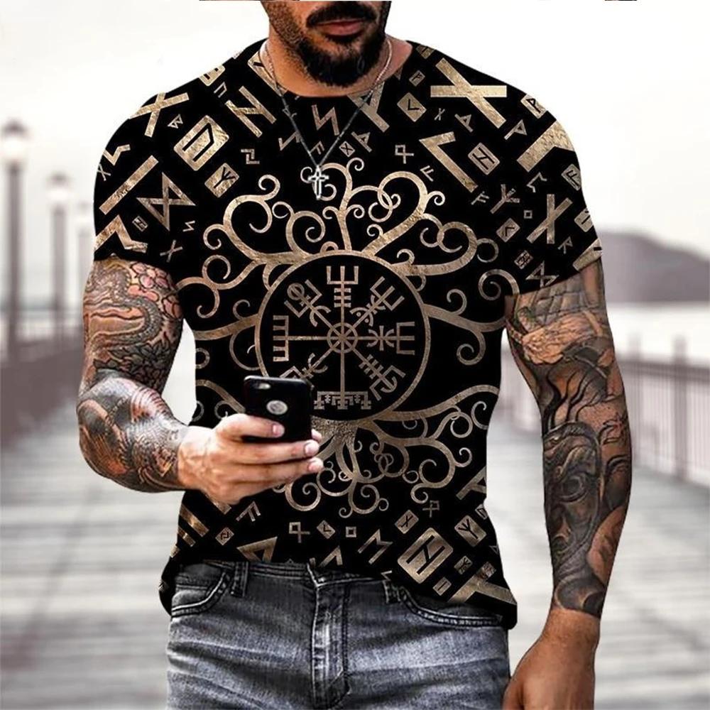 Viking Tattoo 3D Printed T-shirt Men's Fashion Street Hip Hop Viking Pattern Short Sleeve Top Fun T-shirt Summer