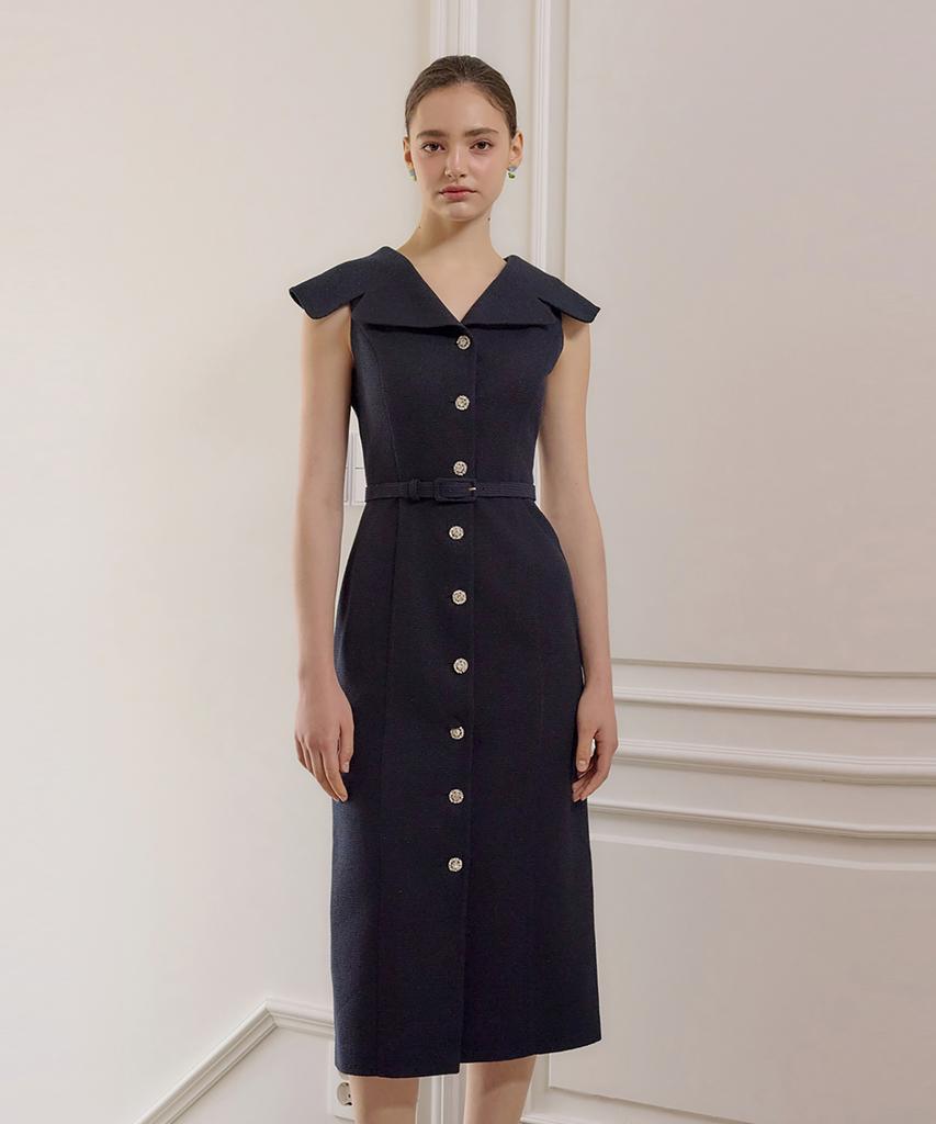 Julie And Kara 25Hs Collar124 Terroir Line Terroir Queen Sleeveless Tweed Dress Navy