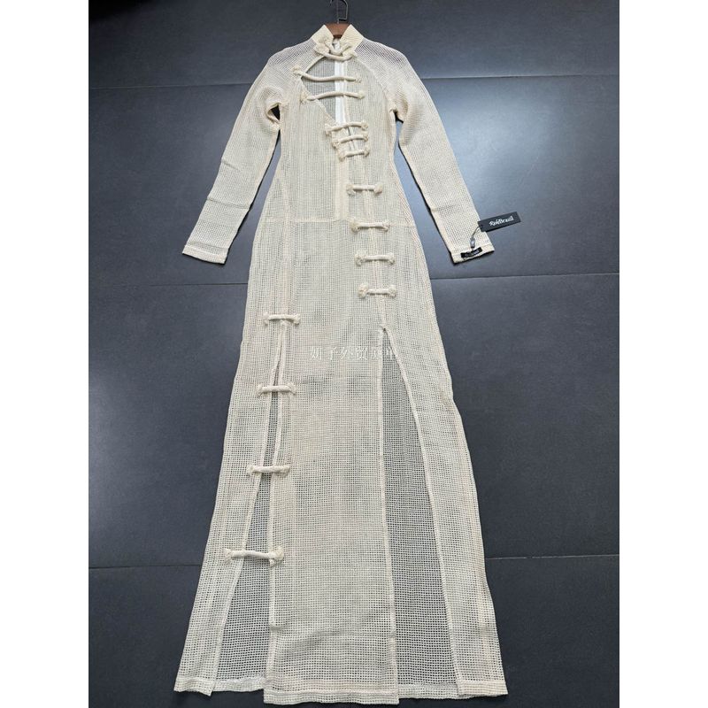 Foreign Trade Pure Pure Desire Style Perspective Hollow Cheongsam Style Slim Fit Split Sexy Fashionable Dress Women