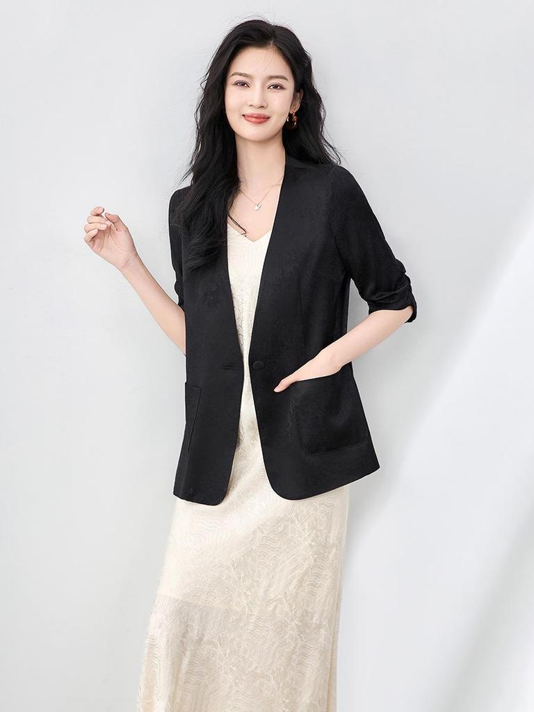 Women's Light Luxury Jacquard Ruched Sleeve V-Neck Lace Blazer