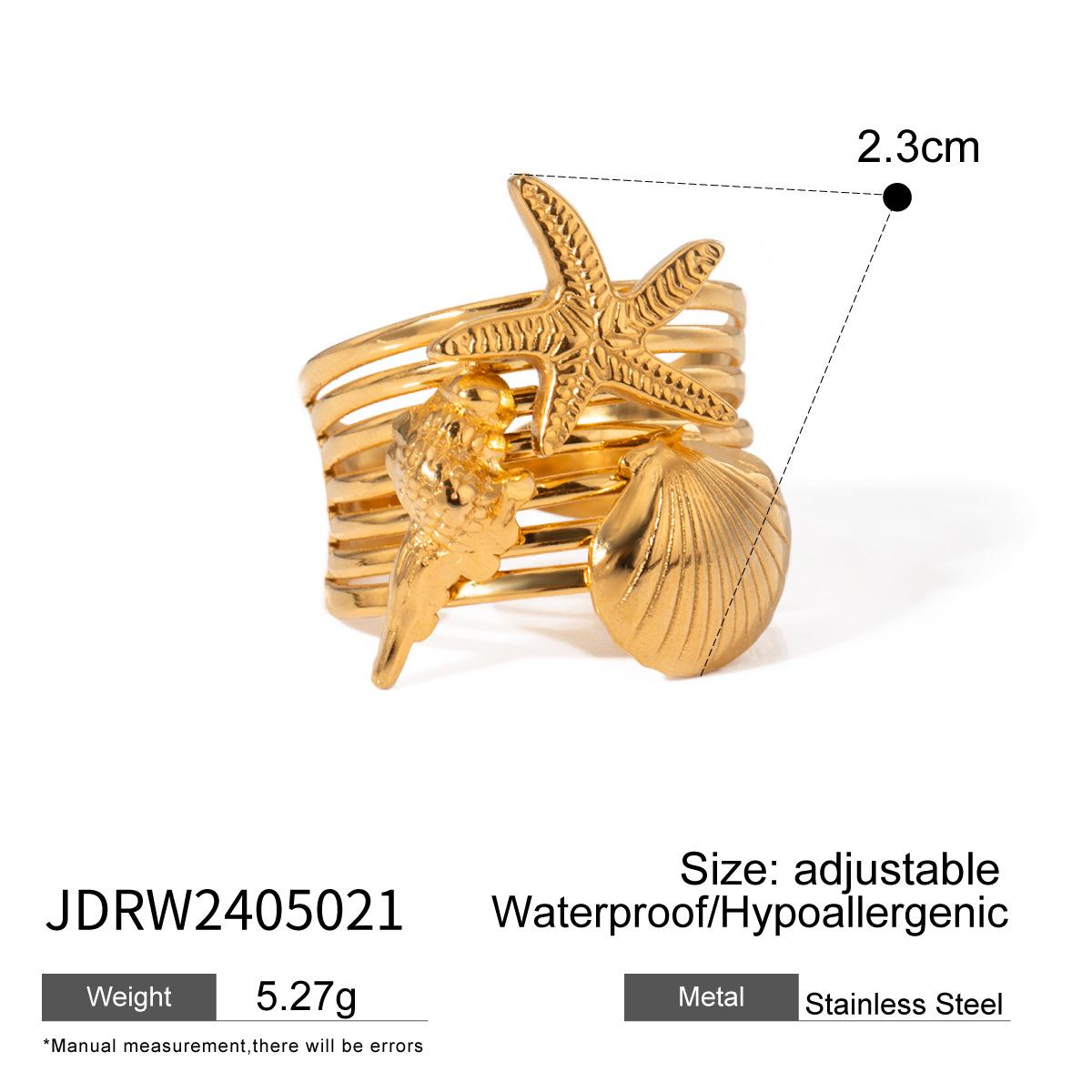 

Регулируемое кольцо из 18-каратного золота в виде морской звезды и раковины - Не тускнеющий женский аксессуар из нержавеющей стали