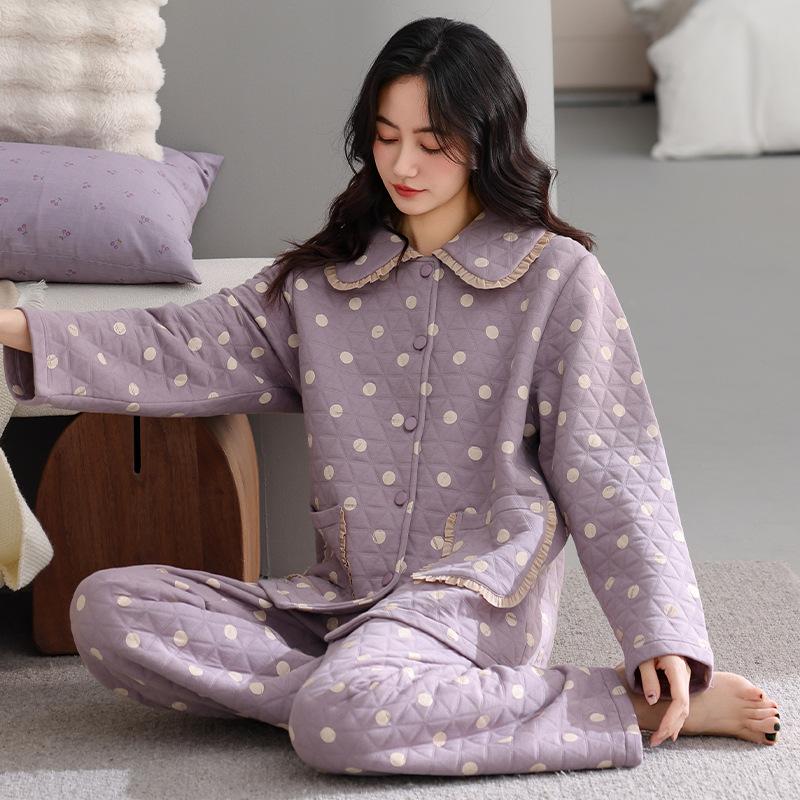 Air Cotton Pajamas Women'S Pure Cotton Long Sleeves Autumn And Winter Thickened Warm Interlayer Large Size Polka Dot Mother Loungewear