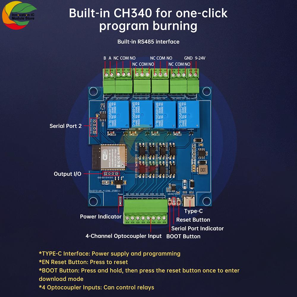 DC 9-24V 4-Channel/8-Channel Esp32 Rs485 Modbus Wifi Bluetooth Development Board Relay Optocoupler Isolation Module Tyep C