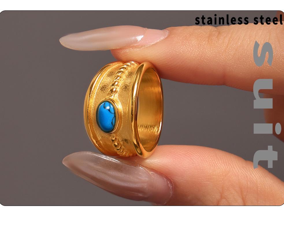 Mili Blue Turquoise Tiger Eye Stone Twist Pattern Stainless Steel Ring for Women, PVD Gold-Plated, Pinky Ring, In Stock