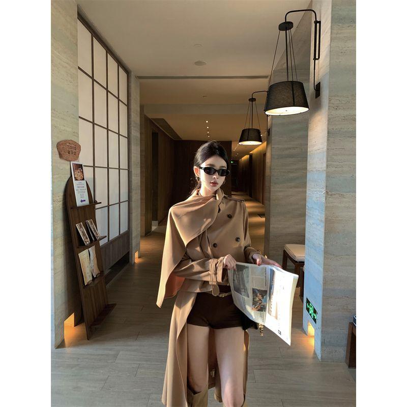 Kumikumi Fancy Pure Color Elegant Asymmetrical Long Sleeve Trench Coat Women's Clothing Autumn Slimming Easiest for Match Tops